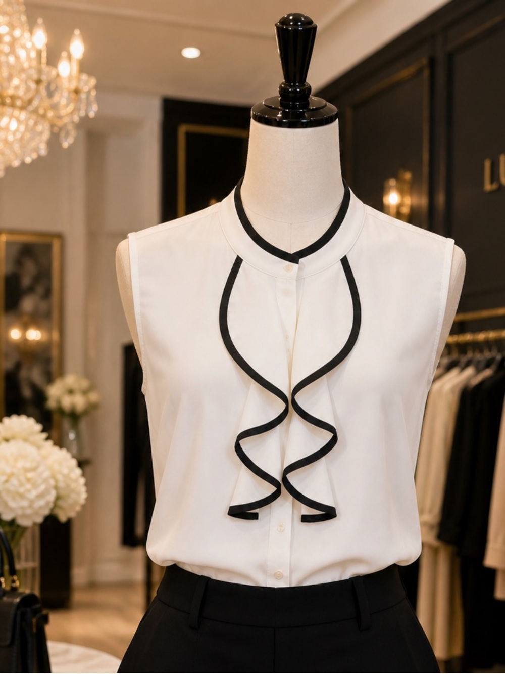 Calvin Klein Ivory Sleeveless Blouse with Black Trim